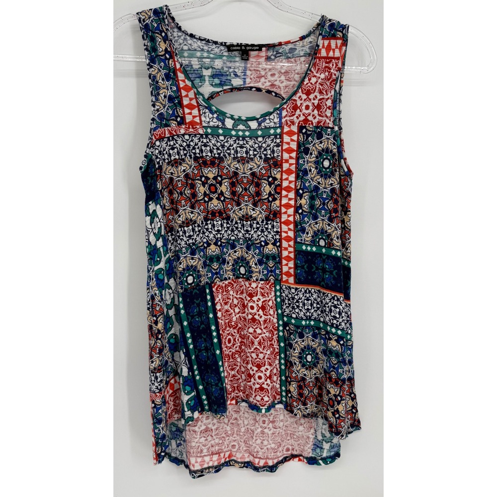 Cable & Gauge Womens Patchwork Print Tank Top Keyhole Back Multicolor Sz M